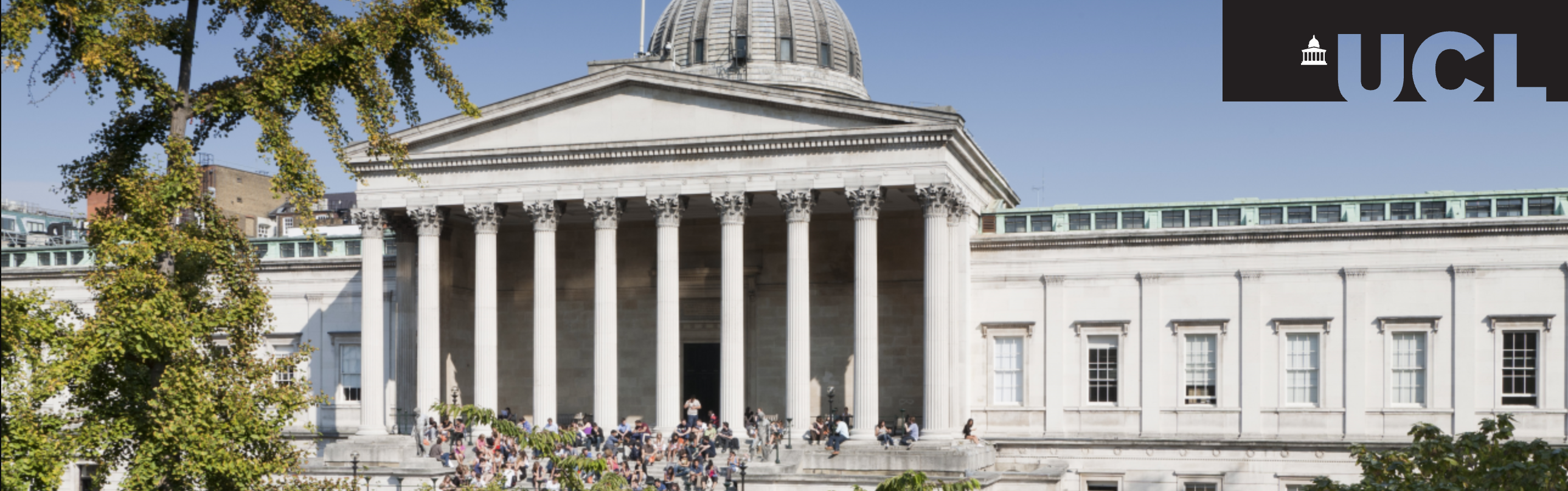 Photo of the main campus of University College London, with the university logo in the top right corner.